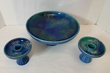 Vintage Royal Haeger Mid Century 1960’s Etruscan Blue Glaze Candle Sticks & Bowl picture