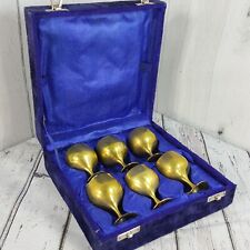Vintage Brass Mini 2oz Goblet Shot Glass Cup Set of 6 w Lined Hinged Box India picture