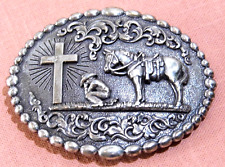 Vintage Nocona Western Silver Tone Belt Buckle Oval Cowboy at the Cross picture