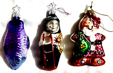 3 VTG Xmas Ornaments Glitter Mica Mercury Glass Ladder Santa Gingerbread Fish  picture