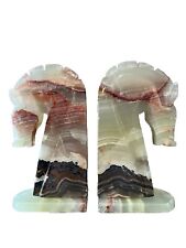Vintage Onyx Marbled Chess Knights horse heads Bookends picture