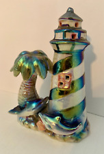 Iridescent 2 Dolphins Swimming/Lighthouse w/ Palm Tree Figurine--vintage? picture