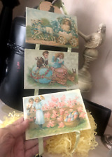 Vtg Victorian EASTER GREETINGS Wall Hanging 3 POSTCARDS CARDBOARD Ribbon Repro a picture