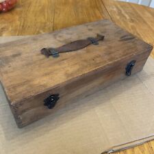 Antique Wooden Box With Leather Handle And Beautiful Joints 8.5x16x5 picture