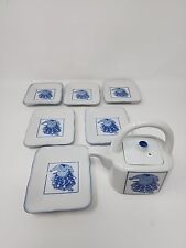 Vintage Sumo Soy Sause Dispenser with plates Signed Blue And White 8 Piece Set picture