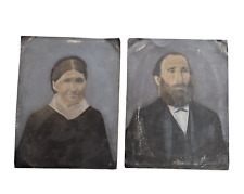 Full Plate Tintype Portrait Pair Man Woman Hand Tinted Antique 1800s Photographs picture
