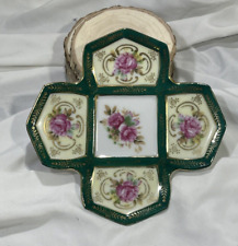 Vintage Royal Sealy China Green Cross Type Plate Saucer Trim w/ Pink Roses &Gold picture