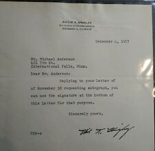 Philip K. Wrigley, autograph signed typed letter, 10-1/2