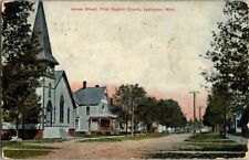 1909. JAMES STREET. FIRST BAPTIST CHURCH. LUDINGTON, MICHIGAN. POSTCARD. PL10 picture