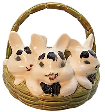 Bunny Easter Basket Decor Hand Painted VTG Ceramic Rabbits Atlantic Mold 1970 picture