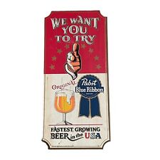 Rare Vintage Pabst Blue Ribbon Wooden Sign We Want You To Try Man cave Bar Art picture