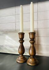 Vintage Mid-Century  Pair of Brown Turned Wood Candlestick Holders picture