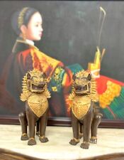 Foo Dog Statue Pair Fu Lion Heavy Metal Old Vintage Oriental Collectibles Decor picture