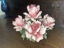 Large Nuova CAPODIMONTE CENTERPIECE Pink Roses In Basket Italy Handmade 8x8x8 picture