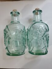 Vintage Libbey Orchard 3D Glass Bottle Embossed Fruit Green Decanter W/ Cork 2pc picture