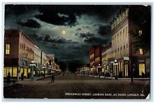 1915 Broadway Street Looking East At Night Lincoln Illinois IL Posted Postcard picture