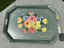 Vintage Large Hand Painted Tole Flower Metal Tray picture