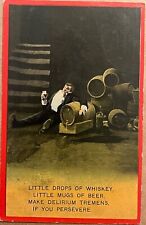 Drunk Man on Floor Leans on Whiskey Barrels Antique Drinking Postcard c1900 picture