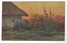 1930s Antique Postcard Sunset Ukrainian hut Flowers Mallow ART Ukraine OLD Card picture