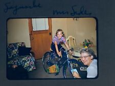 1954 Red Border Kodachrome Slide Girl on New Bike Christmas Bicycle picture