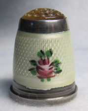 #1025 WHITE ENAMEL/ROSES & YELLOW CROWN STERLING SILVER GERMAN THIMBLE (SIZE 6) picture