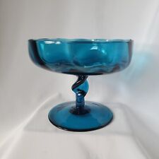 Vintage Empoli Italian Glass Blue Optic Pedestal Compote Bowl 6.5” Tall 8
