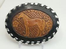 Vintage Western Belt Buckle- Hand Tooled Leather- Brown Horse Floral  picture