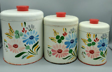 Vintage Ransburg Set of 3 White Hand-Painted  Nesting Metal Canisters picture