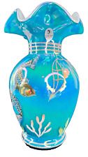 Fenton Turquoise Overlay Iridized Vase HP Gold Koi Fish Designer Showcase 2001 picture