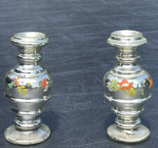 Charming Pair Of Early American Floral Polychromed Mercury Glass Candle Holders picture
