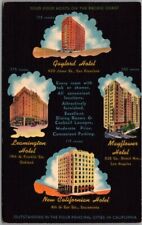 1956 California Advertising Postcard Four Hotels