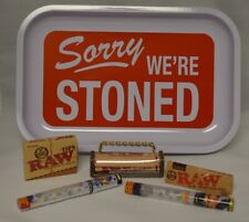 Sorry We're Stoned 11x7 Rolling Tray Bundle Raw Roller Paper Tips Juicy J Cones picture