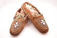 Vintage Native American Cree Indian Handmade Beaded Leather Moccasins ATQ picture