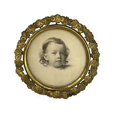 Mini Antique Ornate Gilt Brass Round Easel Photo Frame w Sepia Baby Picture 3