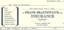 1929 BRIDGEPORT CONN  FRANK BRAITHWAITE INSURANCE  BILLHEAD INVOICE Z1750 picture