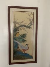 Chinese Painting On Silk~Two Birds On A Plum Tree Signed~Large 38”/19.5” picture