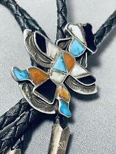 IMPRESSIVE VINTAGE ZUNI TURQUOISE STERLING SILVER KNIFEWING BOLO picture