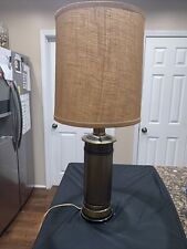 Vintage Large Metal Lantern Brass Table Lamp Tweed Burlap Shade 2 Bulb Electric picture