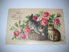 2 CATS OFFER BEST WISHES antique used embossed postcard CHROMOLITHOGRAPH picture