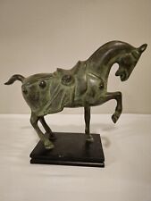 TANG STYLE ANTIQUE GREEN BRONZE METAL PRANCING HORSE STATUE WITH WOOD BASE.  picture