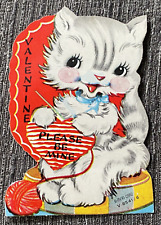 Americard Vintage Valentine Card Kitten Cat Knitting Please Be Mine picture