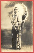INDIAN CHIEF in WAR BONNET with BOW & ARROW – Real Photo Post Card picture