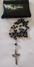 Vintage Sterling Silver Rosary Necklace with Black Beads signed BLI Sterling picture