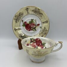 Vintage LM Royal Halsey Very Fine Cup Saucer Pink Roses Yellow Iridescent Gold picture