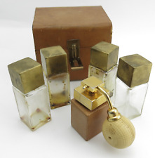 ANTIQUE FRENCH TRAVEL PERFUME ATOMIZER BOTTLES SET (4) IN LEATHER TRAVEL CASE picture