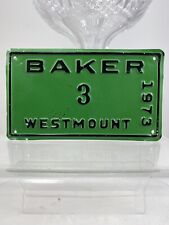 Vintage 1973 BAKER 3 Westmount NJ Vanity Green License Permit Tax Plate Tag 6” picture