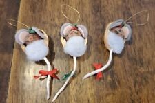 Vintage Handmade Sleeping Mouse In Walnut Shell Bed Christmas Ornament Set of 3  picture