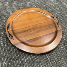 Ozark Walnutware Round Walnut Tray with Brass Handles 14.25” Diameter Vintage? picture