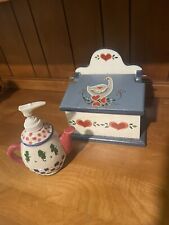 Cottage core Set Vintage Wood Painted Recipe Box Ceramic Teapot Soap Dispenser picture