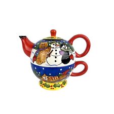 Catzilla Red Ceramic Teapot Christmas Cats Building Snowman Candace Reiter 2001 picture